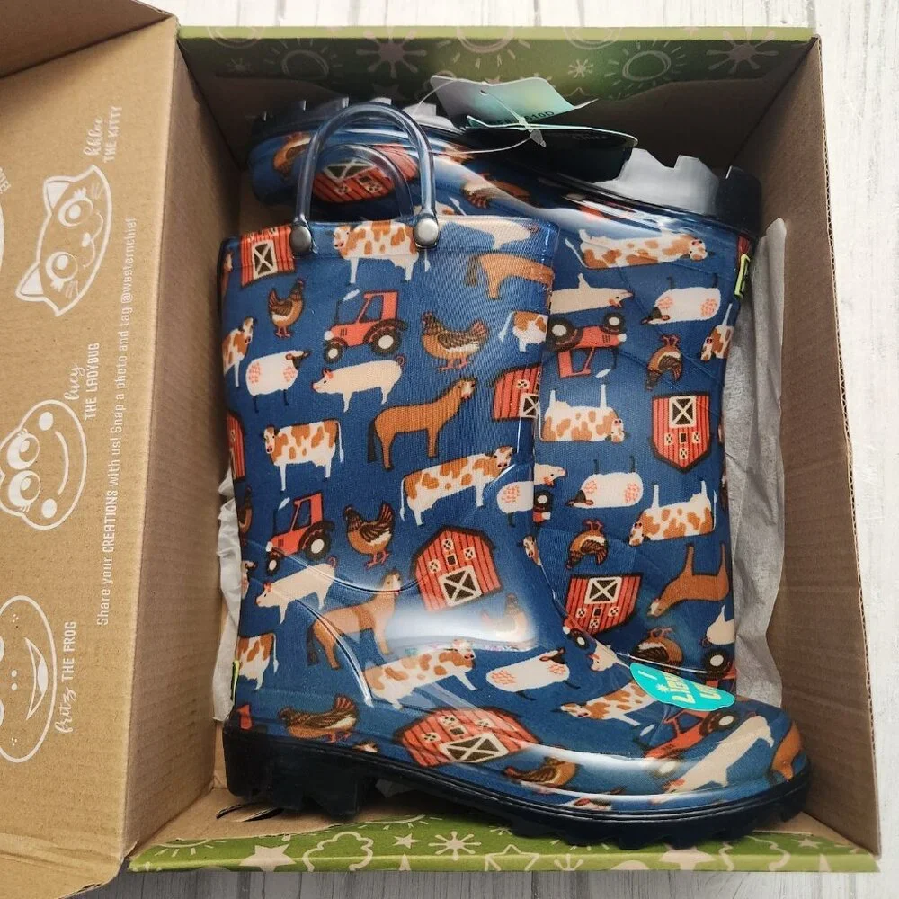 Western Chief Boots Kids 13 Blue Farm Winter Rain Waterproof Light Up